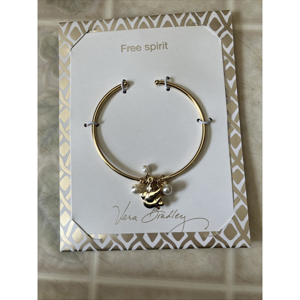 Vera Bradley Free Spirit Bird Bangle Bracelet Gold Tone Pearl Beads 15099-236